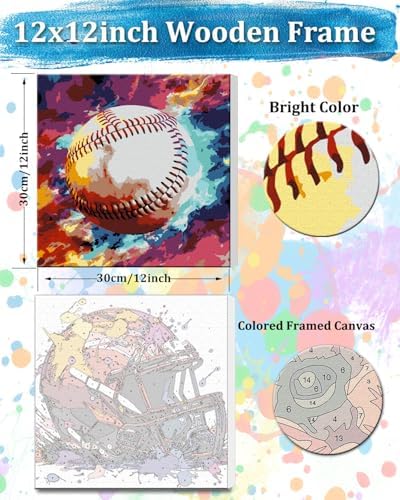 TOCARE Framed Paint by Numbers Kit for Adults Beginners& Kids Ages 8-12, 12x12inch Baseball Paint by Number with Frame,Cartoon Sports Baseball Paint by Numbers Framed Canvas (Without Easel) - Image 2