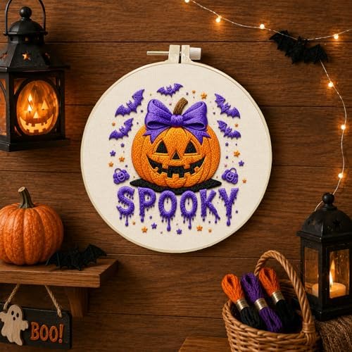 DIYDeligths Halloween Embroidery Kit for Beginners Adults Hand Needlepoint Craft Complete Featuring Pre Printed Pattern 7.87in Hoop Needles Threads and Guide for Craft Lovers (Pumpkin) - Image 2