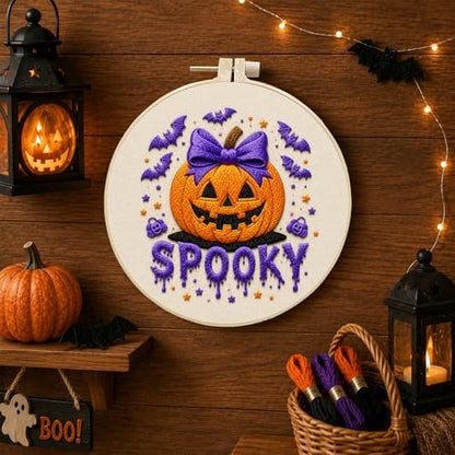DIYDeligths Halloween Embroidery Kit for Beginners Adults Hand Needlepoint Craft Complete Featuring Pre Printed Pattern 7.87in Hoop Needles Threads and Guide for Craft Lovers (Pumpkin) - Image 2