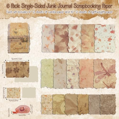 170 Pcs Sheets Vintage Scrapbook Paper Kit with Photo Tapes, Textured Scrapbook Paper, Scrapbooking Supplies, Junk Journal Supplies, Decorative Decoupage Card, Mixed Media Collage Making Craft - Image 3