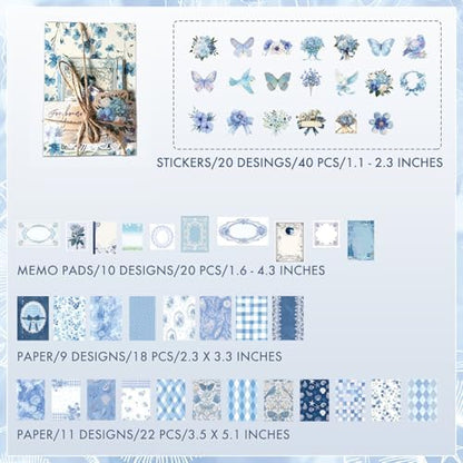 OKUPAN Scrapbook Supplies Kit – 100PCS Vintage Cottagecore Floral Scrapbook Paper & Stickers, 4 Sizes Pastoral Scrapbooking Supplies for Journaling, Card Making & DIY Gifts (Blue) - Image 7