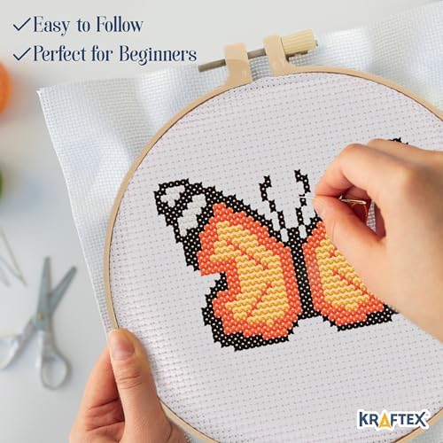 Kraftex Floral Stamped Cross Stitch Kits for Beginners - 3 Pack. DIY Embroidery Needlepoint Patterns for Adults. Easy Cross Stitch Kits for Beginners (Garden Creatures) - Image 4