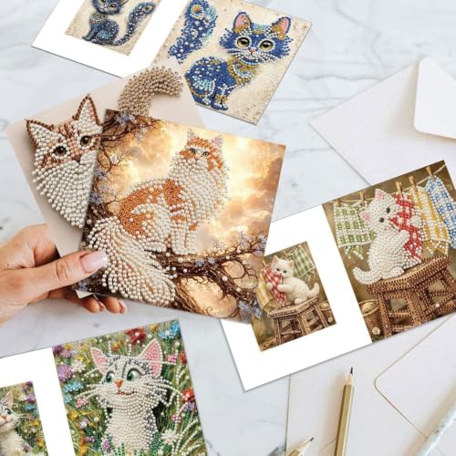 Artiphile DIY Pearl Art Painting Greeting Card Set Crafts Decor 6-Piece Foldable Cards Kit with Envelopes and Tools for Holiday Wishes Adult Crafting Project-Cat - Image 7