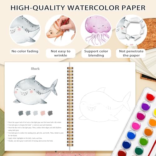 Easy Marine Life Watercolor Workbook for Beginners, Water Coloring Book, 18 Colors Watercolors Paint Set, 12 Patterns Ocean Dreams Watercolor Kit, Fun Family Art Activity, Gift for Adults Teen - Image 3