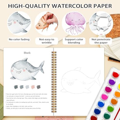 Easy Marine Life Watercolor Workbook for Beginners, Water Coloring Book, 18 Colors Watercolors Paint Set, 12 Patterns Ocean Dreams Watercolor Kit, Fun Family Art Activity, Gift for Adults Teen - Image 3