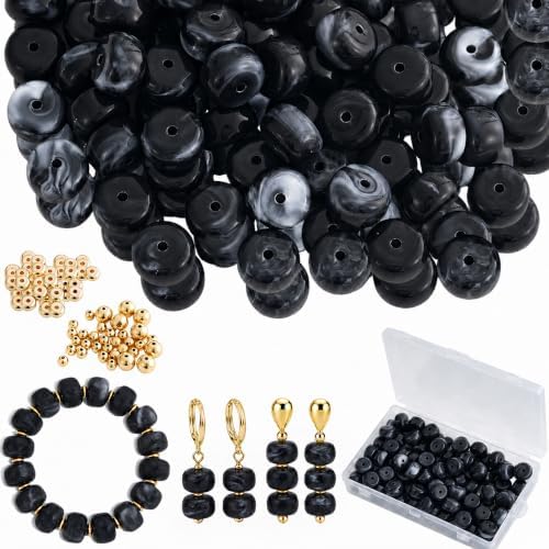 100Pcs 14mm Large Acrylic Beads for Jewelry Making, Chunky Marbled Round Focal Beads Bulk Set with Spacer Beads for DIY Bracelets Necklaces Keychains Bag Charms (Black) by YUJIEJewelry