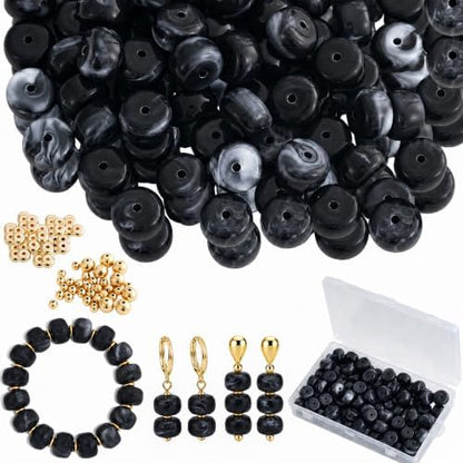 100Pcs 14mm Large Acrylic Beads for Jewelry Making, Chunky Marbled Round Focal Beads Bulk Set with Spacer Beads for DIY Bracelets Necklaces Keychains Bag Charms (Black) by YUJIEJewelry