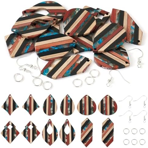 FASHEWELRY Striped Resin Wood Earrings Charms Rhombus Teardrop Kite Wooden Earring Blanks Earring Findings Wooden Earring Pieces for Jewelry Making, 52pcs/box by FASHEWELRY