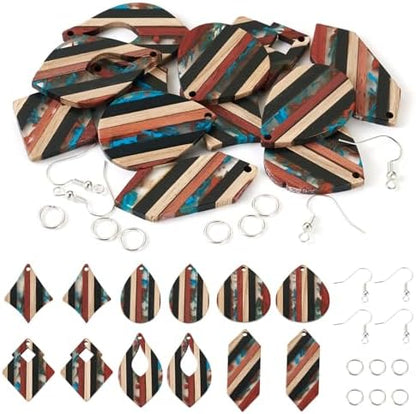 FASHEWELRY Striped Resin Wood Earrings Charms Rhombus Teardrop Kite Wooden Earring Blanks Earring Findings Wooden Earring Pieces for Jewelry Making, 52pcs/box by FASHEWELRY