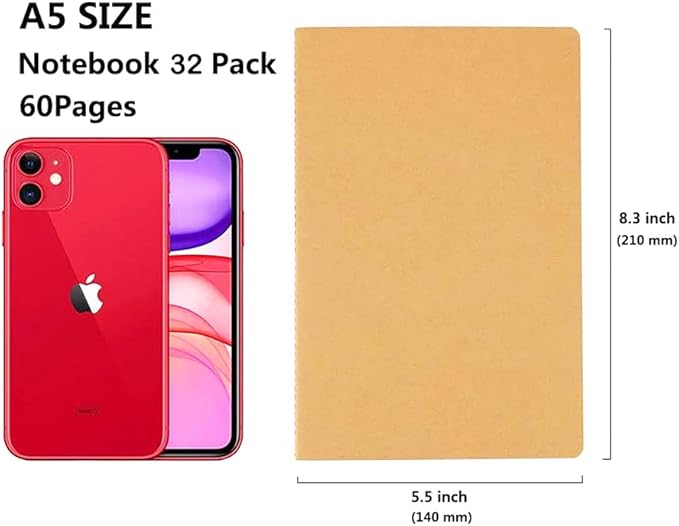 32 Pack Notebook Journals for Travelers, Students and Office, Writing Diary Subject Notebooks Planner with Thick Paper, 60 Pages, 30 Sheets, 8.3x5.5 inch, A5 Size, Travel Journal Set (Blank)