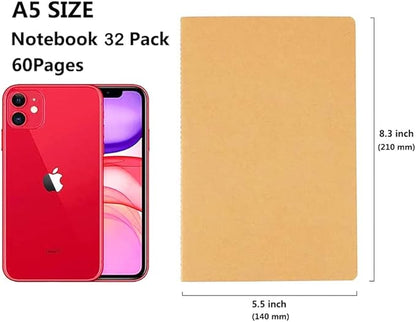 32 Pack Notebook Journals for Travelers, Students and Office, Writing Diary Subject Notebooks Planner with Thick Paper, 60 Pages, 30 Sheets, 8.3x5.5 inch, A5 Size, Travel Journal Set (Blank)