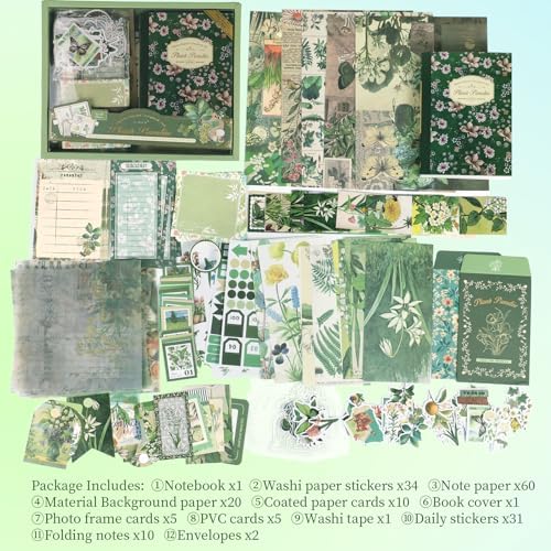 Koqye Green Plants Scrapbook Kit - 157-Piece DIY Craft Supplies for Holiday Cards, Journals & Gifts Includes Notebook, Washi Tape, Stickers & More (Green Plants) - Image 2