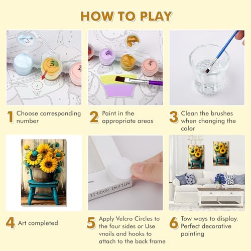 Bowetile Framed Paint by Numbers Sunflower Kit for Adults, Adults' Paint-by-Number Flowers Kits on Canvas, Painting by Numbers Chair, DIY Acrylic Number Painting for Home Wall Decor, 8x12in - Image 5