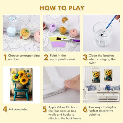Bowetile Framed Paint by Numbers Sunflower Kit for Adults, Adults' Paint-by-Number Flowers Kits on Canvas, Painting by Numbers Chair, DIY Acrylic Number Painting for Home Wall Decor, 8x12in - Image 5