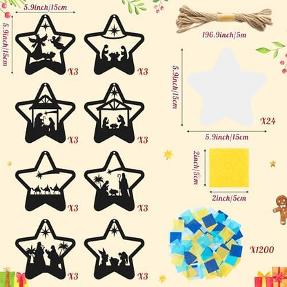 CJiangpo 24 Sets Christmas Nativity Suncatcher Paper Craft Kits, DIY Stained Glass Effect Window Ornament Rainbow Tissue Paper Art Craft for Kid Classroom Activities Christian Religious Party Decor - Image 2