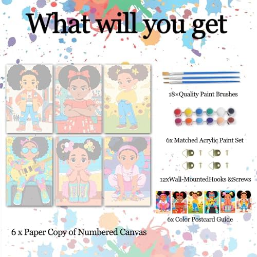 6 Pack African Girl Paint by Numbers Kit for Adults, Afro Little Girl Paint by Number Kits, Colorful Paint by Numbers for Adults, Cute Acrylic Painting on Canvas for Home Wall Decor Gift 8x12 Inch - Image 4