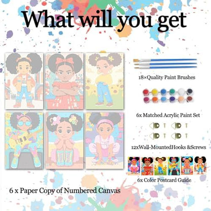 6 Pack African Girl Paint by Numbers Kit for Adults, Afro Little Girl Paint by Number Kits, Colorful Paint by Numbers for Adults, Cute Acrylic Painting on Canvas for Home Wall Decor Gift 8x12 Inch - Image 4