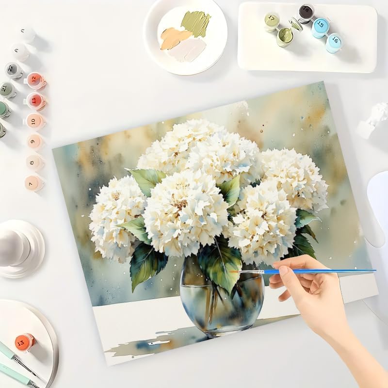 Floral Bouquet Paint by Numbers Kit for Adults - DIY White Hydrangeas in Glass Vase Painting on Canvas 12x16In, Framed Acrylic Paint Set, Suitable for Beginners, for Home Decoration or Gifts - Image 3