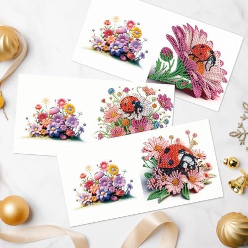 LazyFold 6Pcs DIY Diamond Art Painting Greeting Cards with Envelopes, Ladybugs and Flowers All Occasion Note Card Kit for Women, Handmade Thank You Birthday Friendship Cards Gift - Image 5