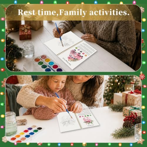 Christmas Gift, Pink Christmas Watercolor Workbook, Water Coloring Book with Pink Xmas Designs, 12 Beautiful Xmas Paintings Designs, Watercolor Book Set with Palette and Brush, Relaxing Art Beginners - Image 6