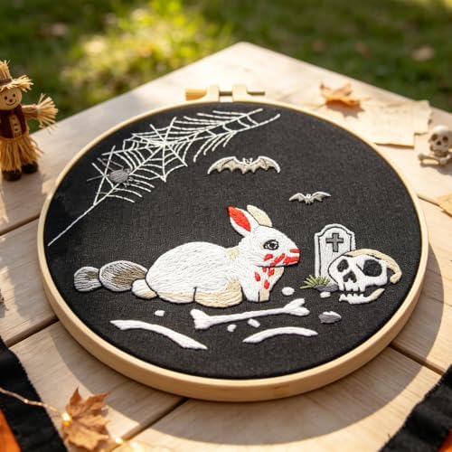 Halloween Embroidery Kits for Beginners Adults, Gothic Rabbit Embroidery DIY Kit, Halloween Cross Stitch Kits Needlepoint Kits for Beginners Adults Woman Gifts, Embroidery Hoop, Thread, Video Tutorial - Image 3