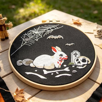 Halloween Embroidery Kits for Beginners Adults, Gothic Rabbit Embroidery DIY Kit, Halloween Cross Stitch Kits Needlepoint Kits for Beginners Adults Woman Gifts, Embroidery Hoop, Thread, Video Tutorial - Image 3