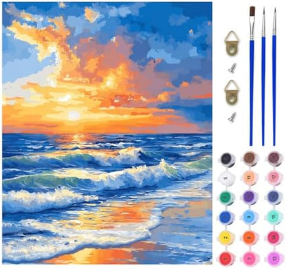 Lxmsja Sunset Paint by Numbers Kit for Adults, Sea Waves Acrylic Paint by Numbers for Adults Beginner, DIY Craft Supplies Oil Painting Kits for Home Wall Decor 16x20 inch (No Frame) by Lxmsja