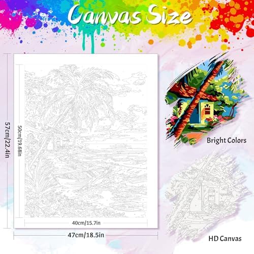Yunnuo Landscape Paint by Numbers Kit for Adults Beginner,Beach Adult Paint by Numbers on Canvas with Acrylic Paint and 3 Brush,Cottage-Wooden Boat Painting by Numbers for Home Decor Gifts(20x16 inch) - Image 2
