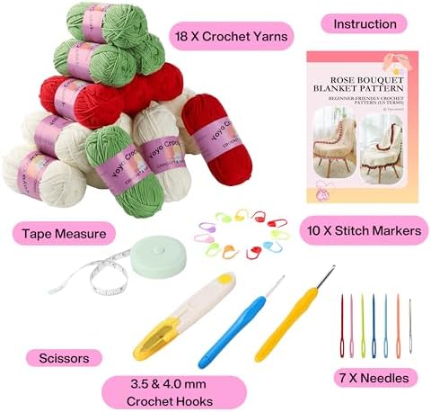 Yoyo Crocheted Rose Blanket Kit for Beginners, 40 inches Flower Bouquet Shawl Kits for Adults, Learn How to Knit with Yarn, Hook & Instructions, DIY Gifts for Women (Red Rose Bouquet Blanket Kits) - Image 3
