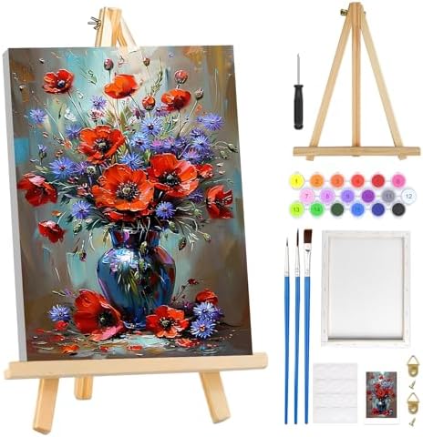 MOGTAA Flowers in Vase Paint by Numbers Kit for Adults Beginners with Frame, Landscape Adult Paint by Number Kits on Canvas with Easel, Easy DIY Oil Painting Kits for Home Decor, 8x12in by MOGTAADIYHomeDecor