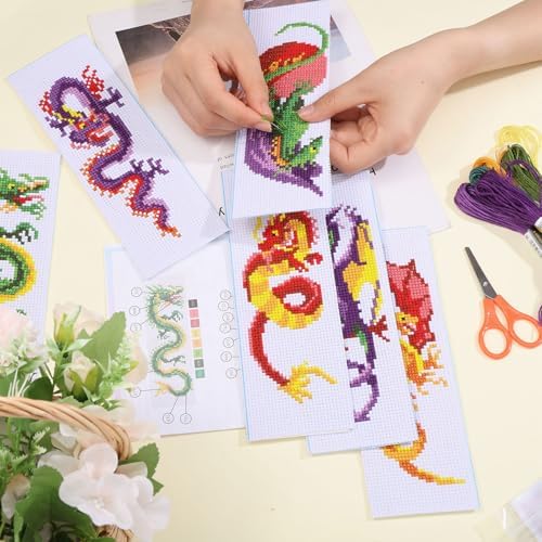 ORIGACH 6 Pcs Cross Stitch Bookmark Kit for Beginner Dragon Pattern Stamped Embroidery Stitch Kits for Starter DIY Bookmarks Printed Cross Stitch Kits with 13 Colors Embroidery Floss - Image 3