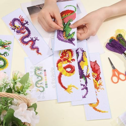 ORIGACH 6 Pcs Cross Stitch Bookmark Kit for Beginner Dragon Pattern Stamped Embroidery Stitch Kits for Starter DIY Bookmarks Printed Cross Stitch Kits with 13 Colors Embroidery Floss - Image 3