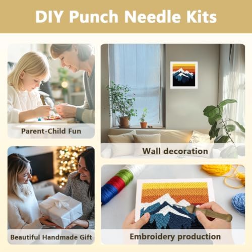 Doodlream Mountain Sunset Needle Kit for Beginner, 9.4"x 9.4" Forset Landscape Punch Stitching Craft Set, DIY Embroidery Starter with Printed Frame, Instruction, Threader, Yarn, Pinch Needle - Image 4