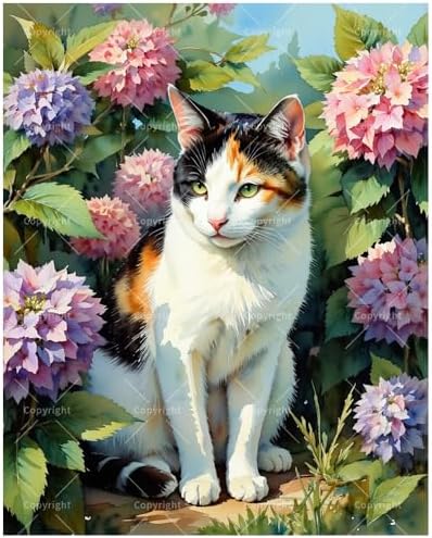Calico Cat in Garden Paint by Numbers Kit for Adults - DIY Tricolor Cat with Hydrangeas Painting on Canvas 16x20In, Framed Acrylic Paint Set, Suitable for Beginners, Art for Home Decoration/Gifts by Unknown