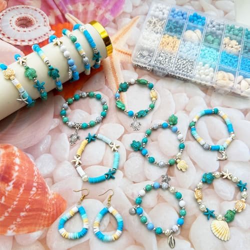 1860Pcs Ocean Beads for Bracelets Making Kit, Blue and White Summer Beach Bead for Jewelry Making, Sea Turtle Shell Starfish Shape Beads 8mm Round Cly Bead for DIY Craft Bracelets Earring (Blue) - Image 5
