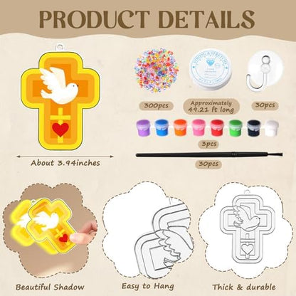 Dunzoom 30 Set Christian Cross Craft Kit - DIY Sun Catchers for Sunday School, Church, Home Decor, Stained Glass Style Cross Decorations, Religious Craft Supplies - Image 2