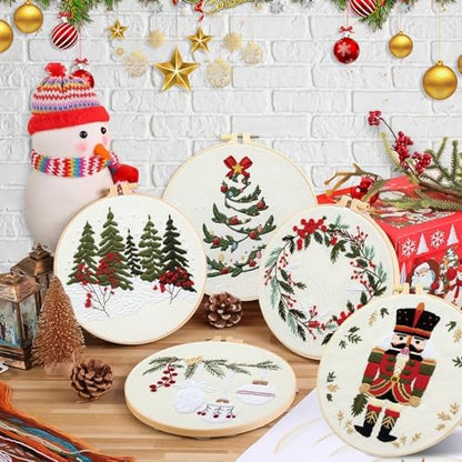 5 Sets Christmas Embroidery Kit for Beginners Adults Embroidery Starter Kit Pine Tree Nutcracker Patterns Winter Xmas Embroiderys Needlepoint Kits Includes Instruction 2 Hoops Color Threads Needles - Image 7