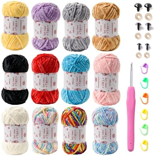 OMoiut 12 Pack Chenille Chunky Yarn - Baby Soft for Crocheting - White, Red, Pink, Yellow, Blue, Rainbow Velvet - Crochet Blanket and Amigurumi Pack With Accessories by OMoiut