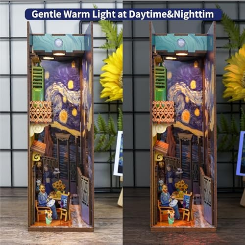 Tonecheer DIY Book Nook Kit for Adults,3D Wooden Puzzle Bookend Bookshelf Insert Library Decor, Booknook Miniature House Kit with Body Motion Sensor LED Light (Vincent's World) - Image 5