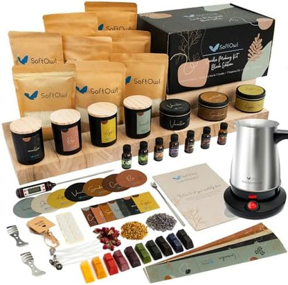 SoftOwl Premium Soy Candle Making Kit - Black Edition - Full Set with Electric Melter - Soy Wax, Big 7oz Jars & Tins, 7 Pleasant Scents, 10 Color Dyes & More - Perfect as Home Decorations by SoftOwl