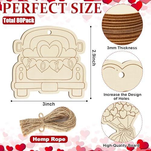 80PCS Wooden Heart Ornaments to Paint Valentine's Day Craft,10 Styles DIY Blank Unfinished Wood Heart Cutouts Ornament for Crafts Spring Tree Hanging Decorations Love - Image 2