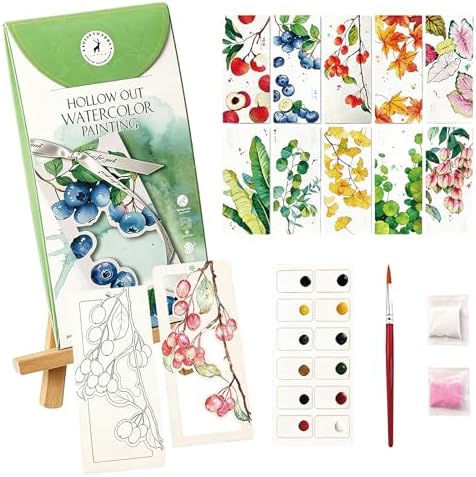 Watercolor Bookmarks to Paint for Adults & Beginners, 10PCS DIY Painting Bookmarks with Hollow Leaves Designs, Paint Set, Pen & Glitter, Stress Relief Art Craft Kit, Gift for Book Lovers, Readers by ElvesBeauty