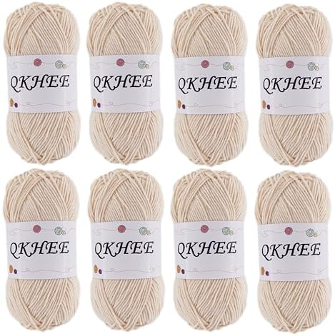 QKHEEYarn for Crocheting and Knitting 8 * 1.76 Oz (50G) /195yd,Fine/Fingering Weight (1), 60% Cotton 40% Acrylic Soft Yarn kit for Making Granny Squares and amigurumi (Ecru) by QKHEE