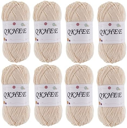 QKHEEYarn for Crocheting and Knitting 8 * 1.76 Oz (50G) /195yd,Fine/Fingering Weight (1), 60% Cotton 40% Acrylic Soft Yarn kit for Making Granny Squares and amigurumi (Ecru) by QKHEE