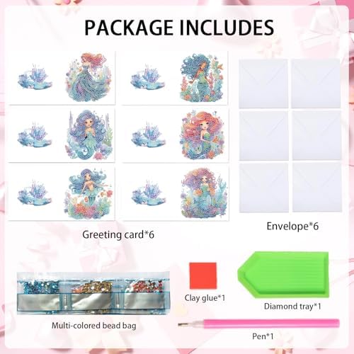 Focart 6-Pack Mermaids Diamond Painting Greeting Card Kits, Special Shaped Diamonds Painting, DIY Handcraft for Relatives and Friends with Wishes,Unique Design Crafting for Birthday or Holiday Cards - Image 3