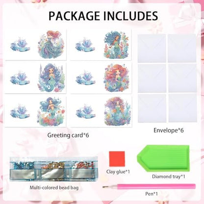 Focart 6-Pack Mermaids Diamond Painting Greeting Card Kits, Special Shaped Diamonds Painting, DIY Handcraft for Relatives and Friends with Wishes,Unique Design Crafting for Birthday or Holiday Cards - Image 3
