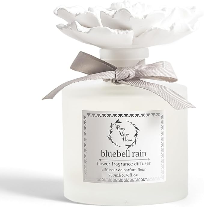 Pretty Valley Home Reed Diffuser Sets, 6.76 Fl. Oz / 200ML Ceramic Diffuser Flower Gift Box, Home Reed Diffuser for Bathroom Office Bathroom Living Room Decor (Bluebell RAIN White)