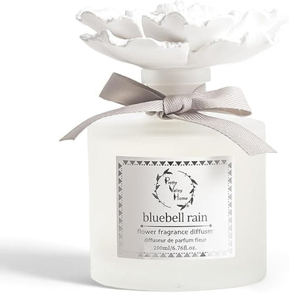 Pretty Valley Home Reed Diffuser Sets, 6.76 Fl. Oz / 200ML Ceramic Diffuser Flower Gift Box, Home Reed Diffuser for Bathroom Office Bathroom Living Room Decor (Bluebell RAIN White)