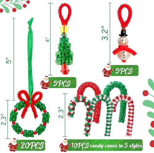 Christmas Crafts for Kids Adults Families, Beaded Ornament Kit to Make Wreath/Candy Cane/Xmas Tree/Snowman, Holiday Decorations Party Supplies, 40 Pieces - Image 4