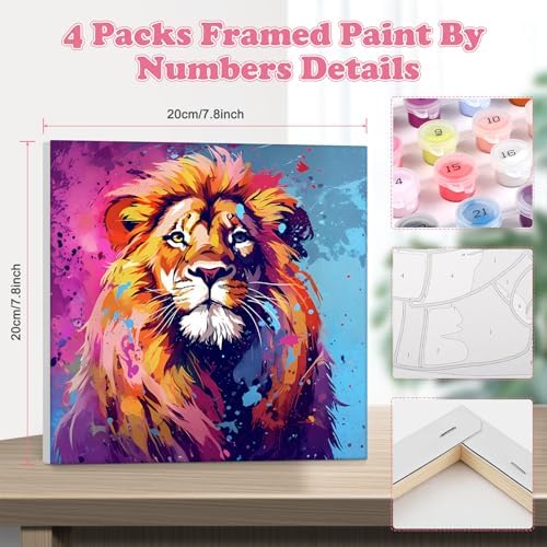 GHHKUD 4 Pack Framed Paint by Numbers Colorful Animals for Adults Beginners, DIY Tiger Lion Painting by Numbers Elephant Dog with Wooden Frame, Art on Canvas Gifts Home Wall Decor 8x8in - Image 2